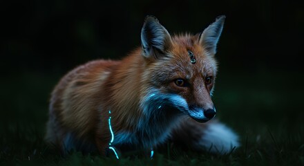 Fototapeta premium Resting Fox with Glowing Accents in the Forest at Night