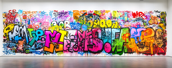 A vibrant and colorful explosion of graffiti art on a white wall, showcasing a dynamic and energetic composition of layered tags and lettering