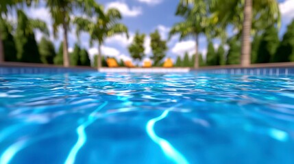 Fototapeta premium Close up view of a swimming pool with rippled turquoise blue water, blurry background of tropical landscaping with palm trees and orange lounge