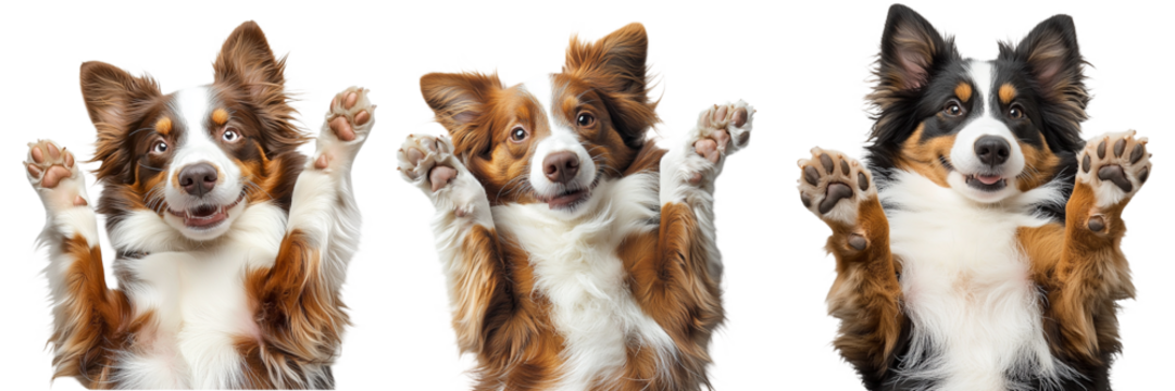Three playful dogs with raised paws, displaying excitement and curiosity.