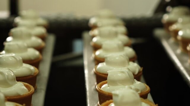 Ice cream in wafer cups moves along the conveyor