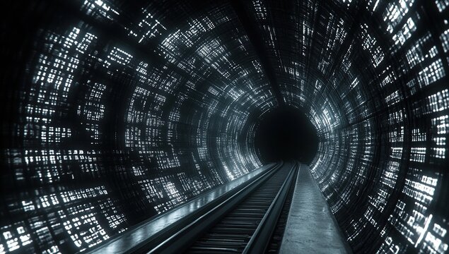 Digital Tunnel: Data Streams Flowing Through a Futuristic Railway, Glowing Brightly in the Dark
