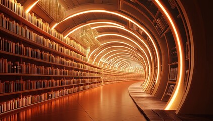 Exploring a Circular Library: Bookshelves Illuminate a Curving Corridor of Knowledge, Glowing with Warm Light