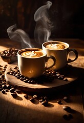 Fototapeta premium close delightfully swirled steaming coffee cups emphasizing warmth inviting aroma, beverage, drink, hot, texture, foam, espresso, morning, brown, ceramic