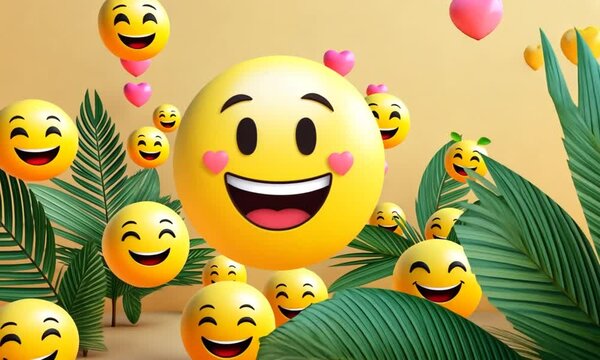 Happy emojis, hearts, palm leaves; joyful digital illustration for social media