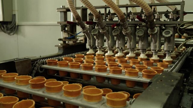 Ice cream in wafer cups moves along the conveyor