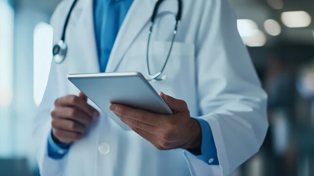 A corporate investor reviewing healthcare market trends on a digital tablet, modern investment strategies in medicine.