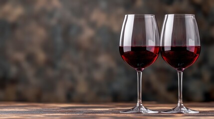Two glasses of red wine on a wooden table, against a dark, textured background. The glasses are filled with a deep crimson liquid, and the stemware