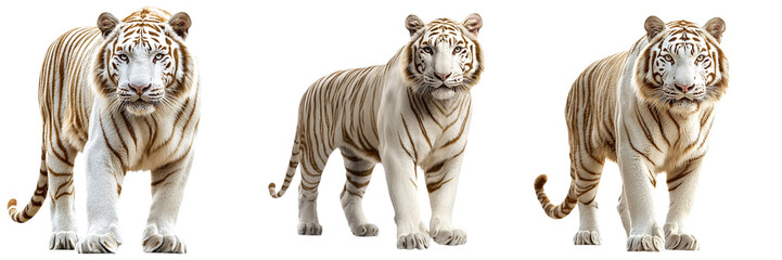 Fototapeta premium Three white tigers are displayed in various poses, showcasing their distinctive striped coats and powerful physiques.