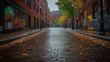 Naklejka premium Autumnal Cobblestone Street in Boston, Massachusetts