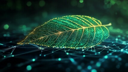 Abstract digital leaf with glowing business connections, illustrating green technology and eco-business integration.