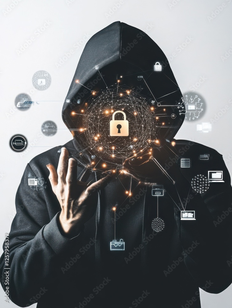 Poster a hacker in a black hoodie holding up their hand with a digital padlock and cyber network on a white