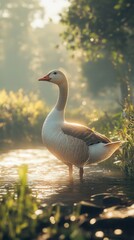 Obraz premium a goose standing by a river, with sunlight highlighting the glossy details of its feathers. The soft ripples in the water