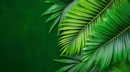 Fototapeta premium Close up of vibrant green palm leaves against a deep forest green background. The leaves are detailed, showing veins and a slightly textured surface