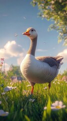 Obraz premium a goose walking across a grassy field, its feathers shimmering in the soft sunlight. The background features the clear blue sky
