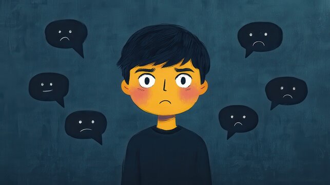 Sad Cartoon Character with Teary Eyes Sitting Alone Surrounded by Shadowy Speech Bubbles Filled with Insults and Negative Emotions