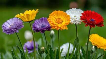 Fototapeta premium Colorful flowers in various shades of yellow, orange, red, purple and white, stand in a lush green garden setting. Close up view, showcasing detailed