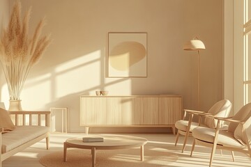 Beige modern living room interior with sunlight