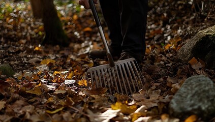 Obraz premium A photo of an autumn scene with leaves on the ground and a person raking them up using a metal rake