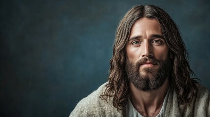 Fototapeta premium A single, ultra-detailed portrait of Jesus Christ, shot in the studio with professional studio lighting, highlighting sharp details on his face, flowing hair, 
