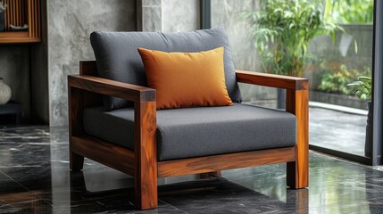Fototapeta premium A stylish modern armchair featuring a cozy orange decorative pillow, perfect for enhancing comfort and elegance in any living space.