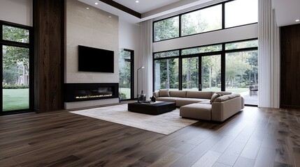 Fototapeta premium Spacious modern living room features a large sectional sofa, fireplace, and floor-to-ceiling windows overlooking a green garden during daytime.