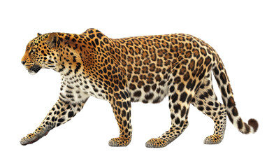 Fototapeta premium Leopard walking gracefully, white isolate background