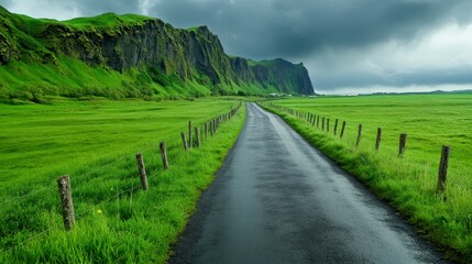 A paved road winds through a vibrant green field, bordered by a low stone fence and a dramatic dark cliff face under a stormy sky. The road is wet