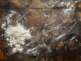 Rustic Wooden Table with Scattered Flour &ndash; Baking Preparation Scene 