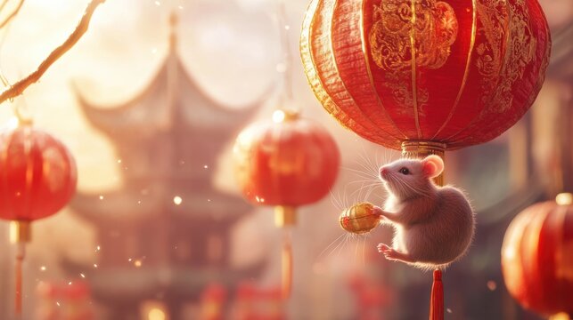 Chinese new year background. 2020 decorative traditional zodiac calendar concept with lanterns and rat symbol, clouds and fans poster