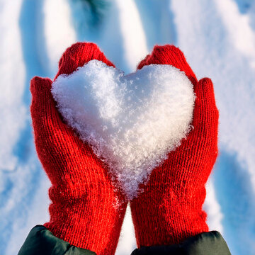 Neve a forma di cuore tenuti in mano da una ragazza con guanti di lana rossa