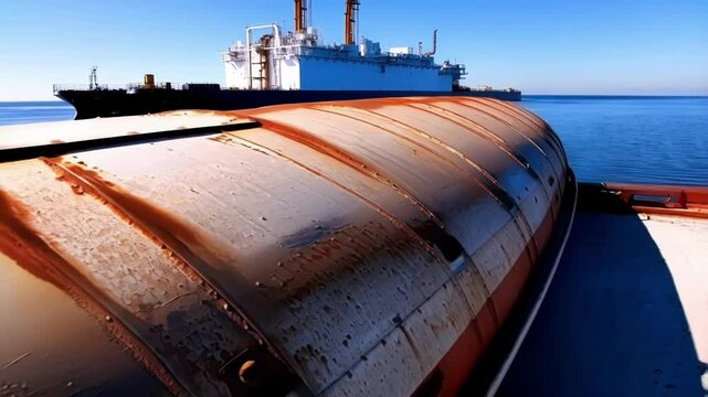 Rusty industrial ship hull trailing large lng carrier across calm blue sea, highlighting weathered metal plates and interlocking rivets during maritime logistics journey