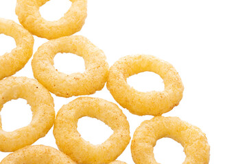 Crispy ring snacks isolated on white background. Corn onion rings in bowl isolated on white background. Crispy onion rings, isolated on white background. Snacks for watching movies.