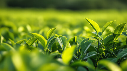 Obraz premium Green tea plantation with vibrant tea leaves bathed in soft sunlight.