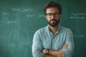 Man with glasses standing in front of a chalkboard in a classroom setting discussing educational concepts