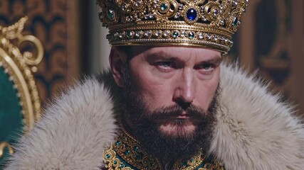 Close-up video still of a regal figure in ornate attire and jeweled crown, capturing intense expression from a slightly low camera angle.