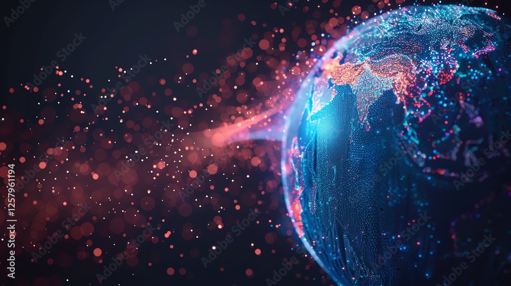 Poster a digital rendering of the earth with glowing lines and dots, set against a dark background with red