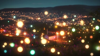 Fototapeta premium Nighttime cityscape with glowing lights and bokeh effect in the foreground creating magical feeling