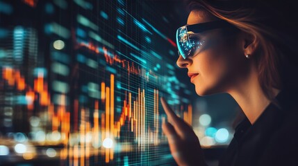 Business leader using augmented reality (AR) glasses to visualize AI-powered financial insights, high-tech investment strategy.