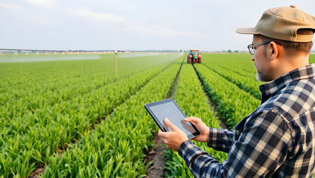 Farmer Using Tablet in Field: A farmer uses a tablet computer while surveying his lush green field, showcasing modern technology in agriculture. A tractor is visible in the background.