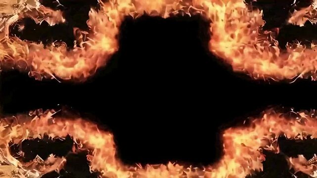 astonishing orange flame wave; geometric shape; firely frame over black center background; 
