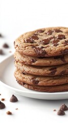 a stack of soft, chewy cookies with gooey chocolate centers, placed on a simple white plate with crumbs scattered around.