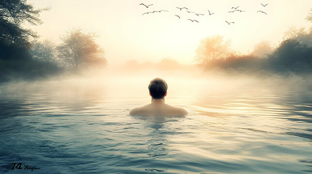 Man Swimming In Misty River Sunrise