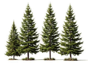 Obraz premium High-resolution 3D render of four silhouetted pine trees, isolated on white.