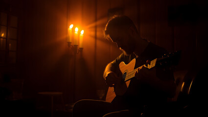 Obraz premium Melodic Shadows: A silhouette of a musician, lost in the magic of music, plays a guitar under the soft glow of candlelight, creating an intimate and evocative ambiance. 