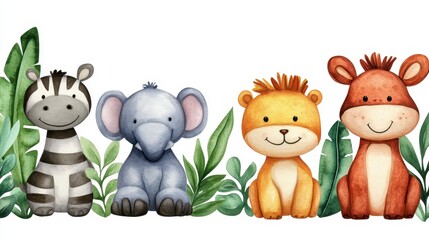 Naklejka premium Watercolor illustration of adorable animals in a jungle setting. Four cartoon animals, a zebra, elephant, lion, and a donkey, sit amongst lush, green