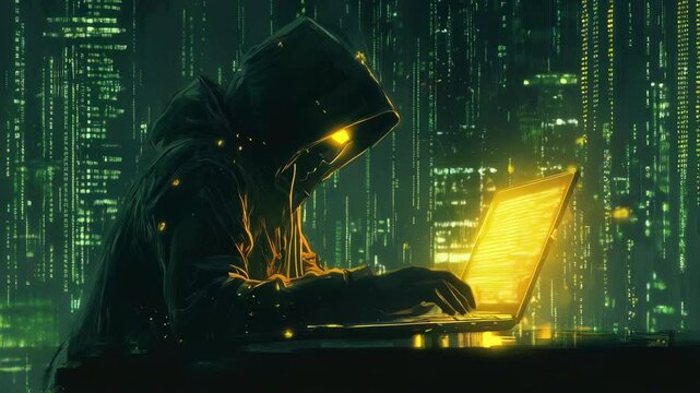 Hooded figure with glowing digital eyes types on laptop in futuristic cyber city. Concept cybersecurity, ethical hacking, data encryption, and the digital underground in high-tech world.