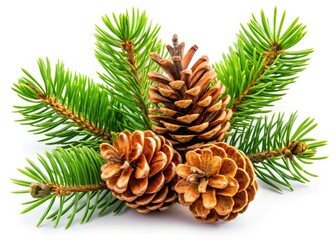 High-resolution image: isolated winter pine branch, laden with cones, perfect festive design element.