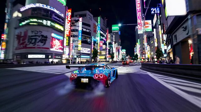 Dynamic video scene of a sports car speeding through a neon-lit cityscape at night, captured from a low rear angle, emphasizing motion and speed.