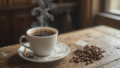 Fototapeta premium A steaming cup of coffee on a rustic wooden table, surrounded by a cozy, minimalist setup, creating a warm and inviting atmosphere.